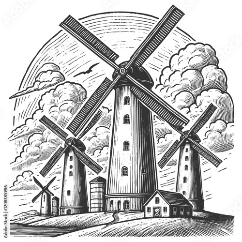 windmills on a rural landscape with clouds, birds, and a farmhouse in the background sketch engraving generative ai vector illustration. Scratch board imitation. Black and white image.