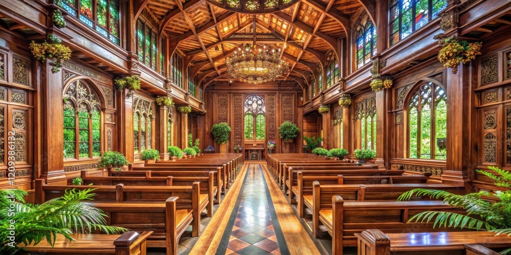 Fototapeta premium A majestic wooden chapel interior showcasing ornate woodwork, stained-glass windows, and lush greenery enhancing the peaceful ambiance