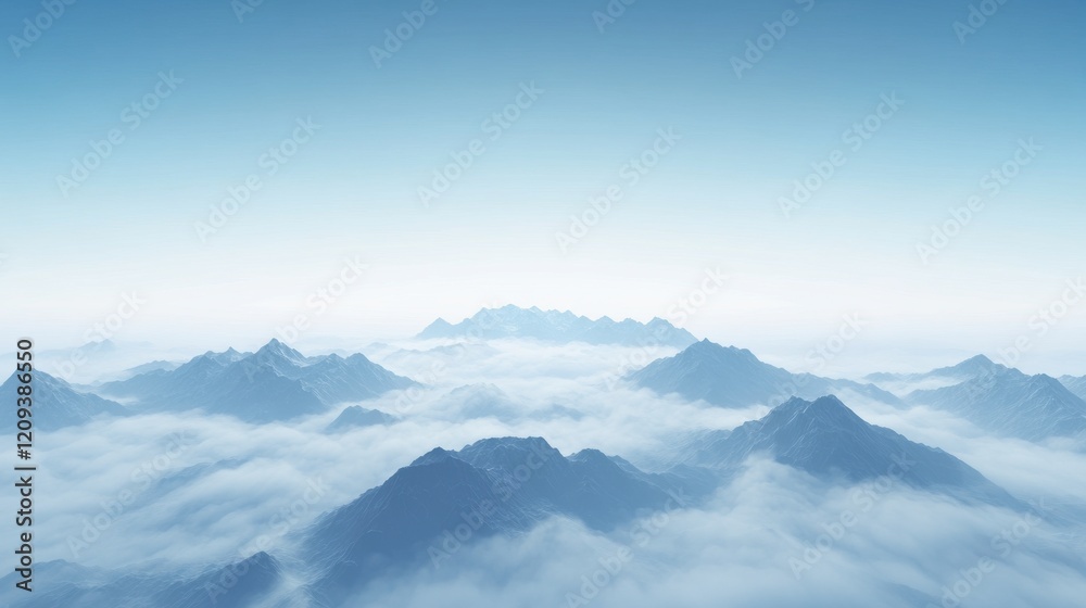 Fototapeta premium Breathtaking view of misty mountains under a clear blue sky, showcasing nature's beauty.