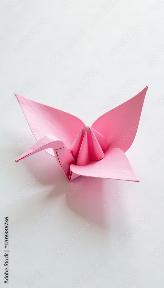 Soft pink paper folds into delicate crane shape on white background, white, Soft pink paper folds into delicate crane shape on white background, white,