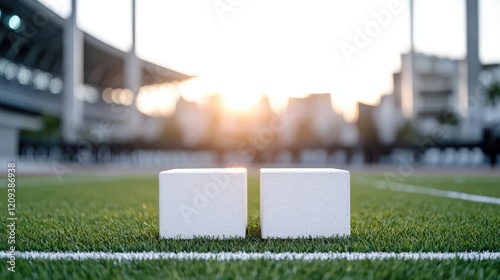 Two blank cubes on sports field, sunset background, product placement