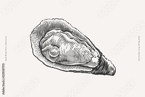 Hand-drawn vintage engraving of a single opened oyster shell, ideal for use in seafood branding, menus, restaurant decor, marine designs, or packaging concepts.