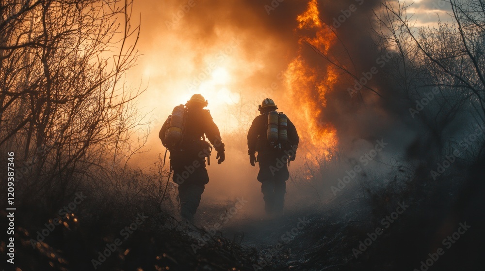 Fototapeta premium Firefighters in the smoke fighting a large fire