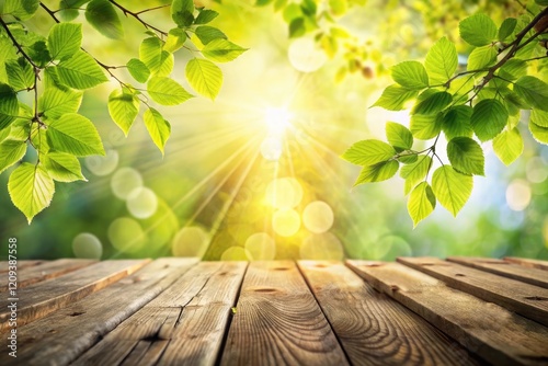 Outdoor scene with sunlight filtering through the tree foliage and casting a warm glow on a weathered old wooden surface.