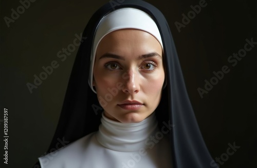 Close-up portrait of a young nun wearing a traditional black and white habit, with a calm and introspective expression, set against a dark neutral background