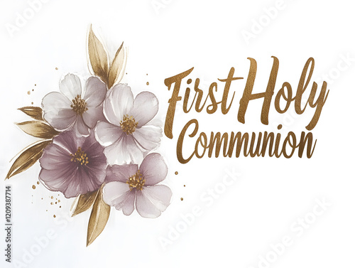 Purple flowers framing first holy communion greeting