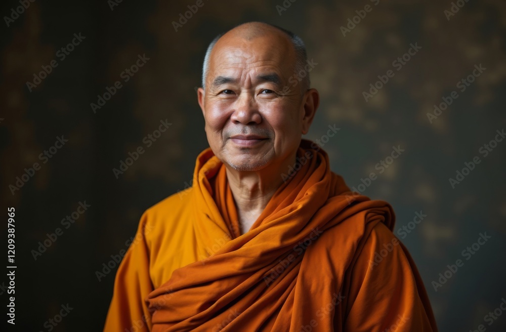 Portrait of a senior Buddhist monk in traditional orange robes, smiling warmly against a textured neutral background Portrait of a senior Buddhist monk in traditional orange robes, smiling warmly against a textured neutral background