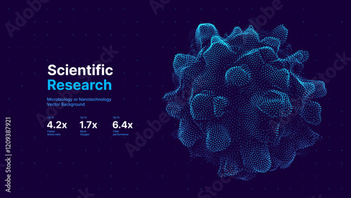 Biology Cell Scientific Medical Research Background. Science Blue Cells Backdrop with Depth of Field Blur Particles Effect. Futuristic Plant Microbiology. Blue Virus Cells Vector Illustration.