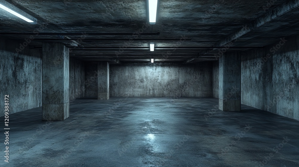 An expansive underground parking garage features a minimalist industrial design An expansive underground parking garage features a minimalist industrial design