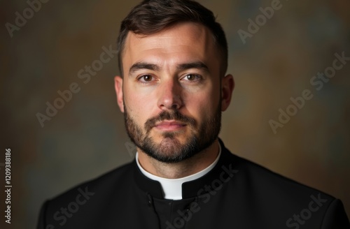 Portrait of a young bearded male priest in traditional black clerical attire, standing against a plain dark background with a solemn expression photo