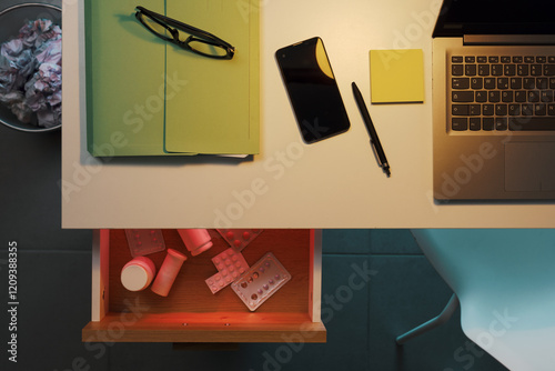 Many prescription drugs in the work desk drawer