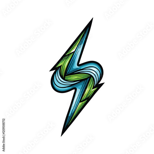 A stylized bolt of energy, vibrant and dynamic, with a gradient of bold green and blue colors wrapping around it.
