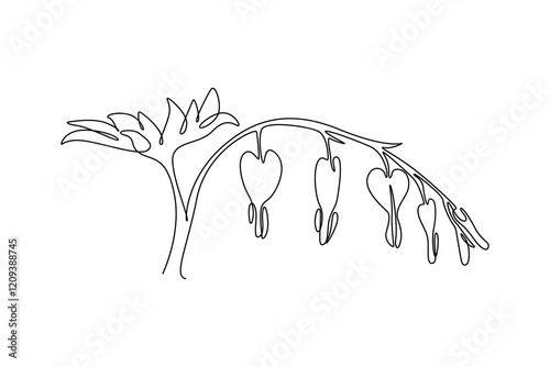 Single continuous line drawing beauty fresh lyre flower for home decor wall art poster. Decorative Asian bleeding-heart for floral card frame. Dynamic one line draw graphic design vector illustration