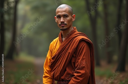 Portrait of a Buddhist monk in traditional saffron and orange robes, standing outdoors in a lush forest, conveying spirituality and mindfulness