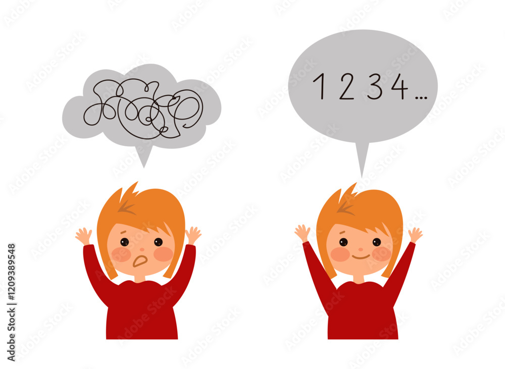 Child learns numbers. Dyscalculia and mental arithmetic concept. Learning, curiosity, and the challenges of math for young kids. Vector flat cartoon illustration for educational materials. Child learns numbers. Dyscalculia and mental arithmetic concept. Learning, curiosity, and the challenges of math for young kids. Vector flat cartoon illustration for educational materials.