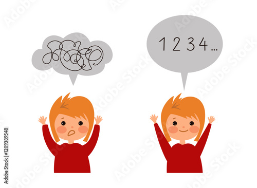 Child learns numbers. Dyscalculia and mental arithmetic concept. Learning, curiosity, and the challenges of math for young kids. Vector flat cartoon illustration for educational materials.
