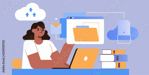 Cloud Storage and File Management Concept with Woman Using Laptop
