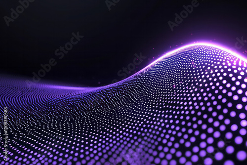 A vibrant dynamic wave composed of purple dots with a striking neon glow, flowing seamlessly across a dark background,