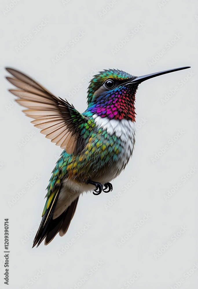 Fototapeta premium Vibrant Hummingbird Detailed Feathers Green Rainbow Flight