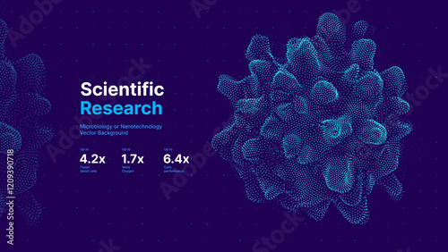 Scientific Medical Research Background. Abstract Science Blue Virus Cells Backdrop with Depth of Field Blur Particles Effect. Futuristic Plant Microbiology. Blue Virus Cells Vector Illustration.