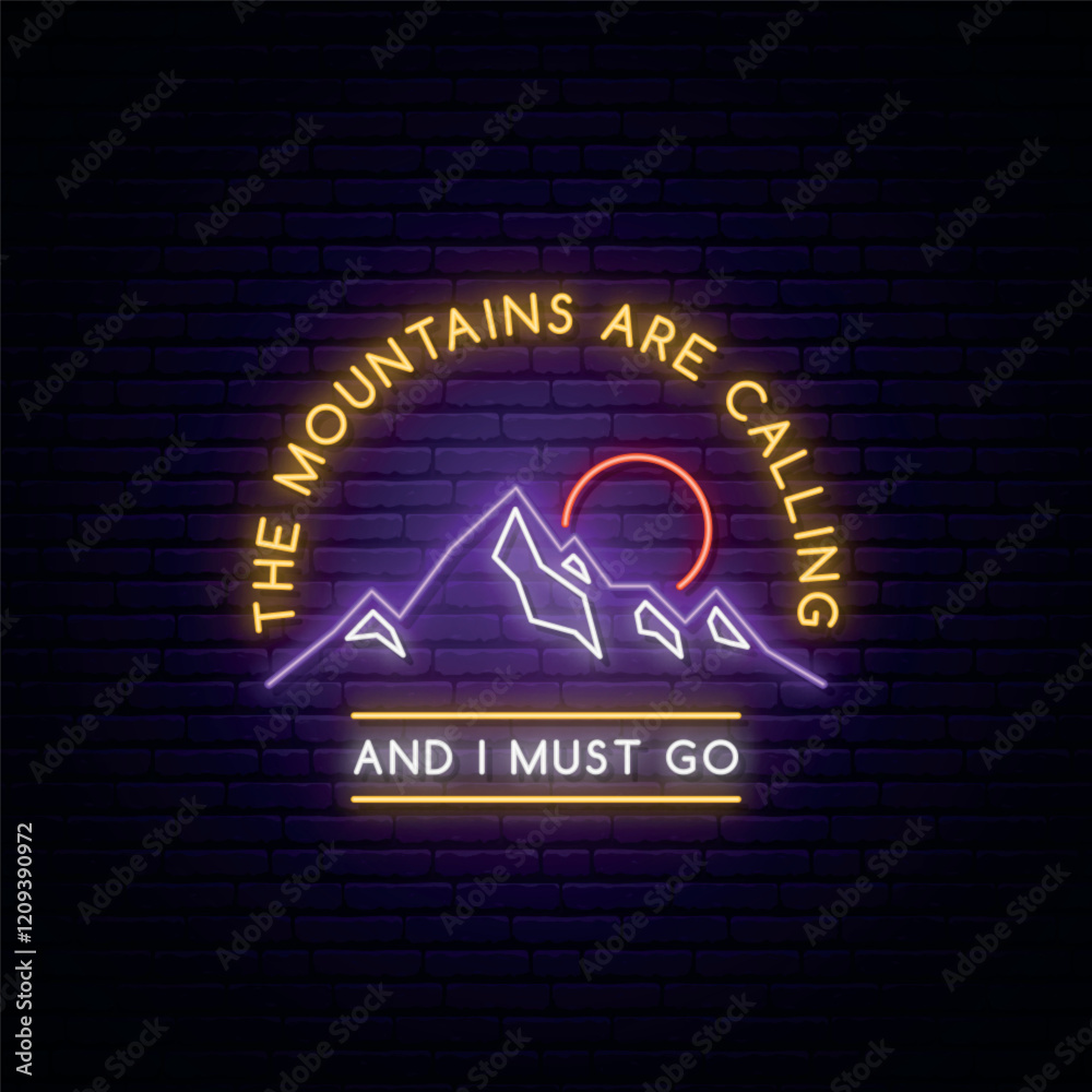 Fotografie Neon Mountains emblem on dark brick wall background