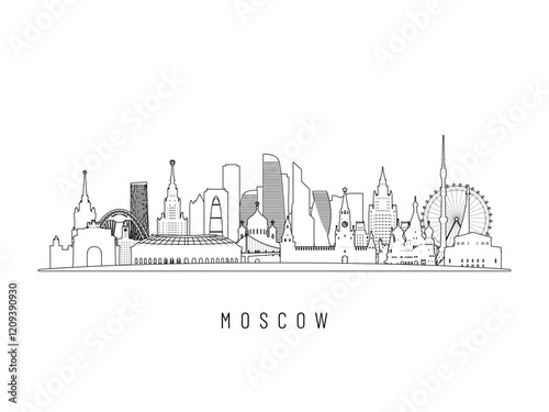 Detailed Moscow skyline vector illustration. Moscow buildings in line art style, perfect for modern designs.
