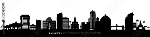 Panoramic View of Downtown Phuket Skyline. Phuket city black silhouette skyscrapers and buildings. Long cityscape.