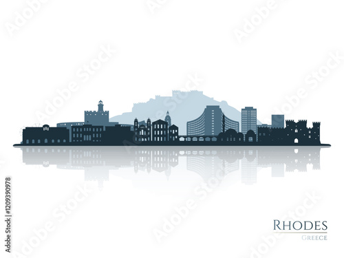 Rhodes skyline silhouette with reflection. Landscape Rhodes, Greece. Vector illustration.