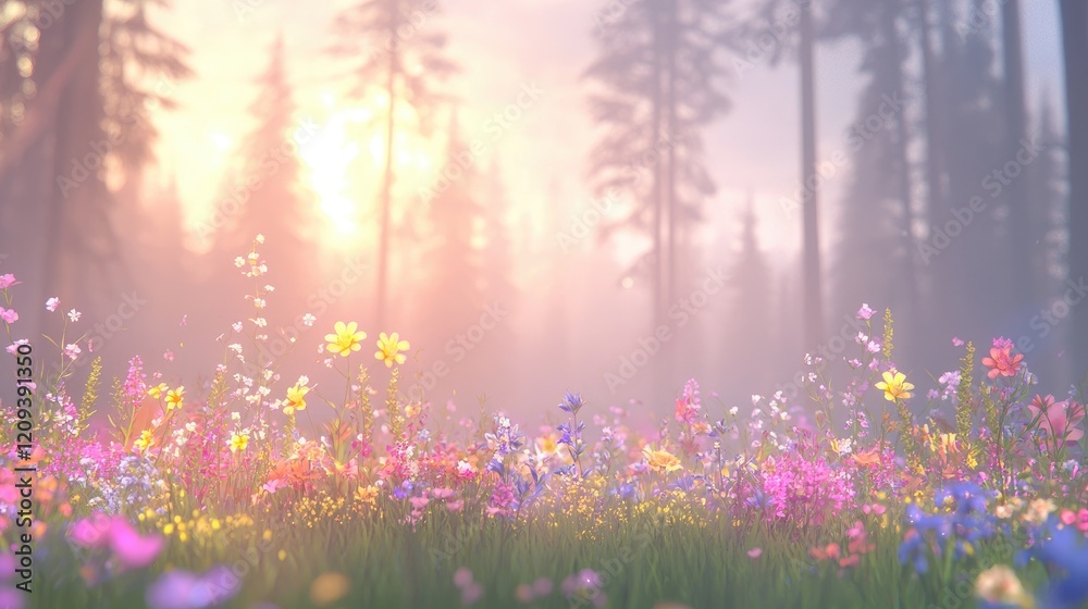 Obraz premium Colorful wildflowers bloom in a grassy meadow at sunrise with misty pine trees in the background.