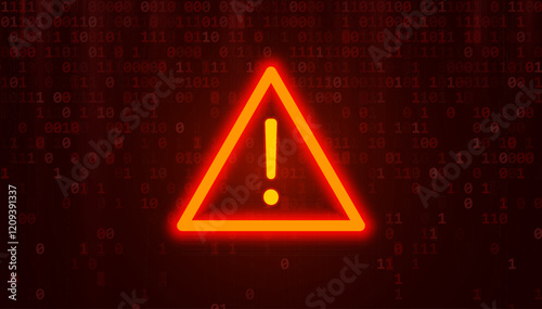 Triangle Attention Danger Symbol on Dark Red Glitched Background. Computer Virus. System Hacked Error Sign. Malware, Ransomware, Data Breach, Database Leak Concept. Vector Illustration.