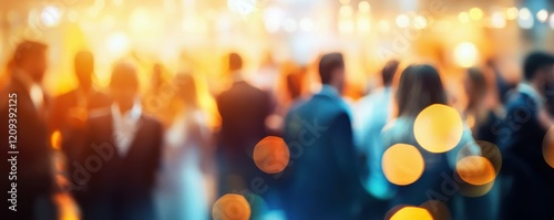 A blurred gathering of business professionals networking and conversing during a corporate event, with a vibrant, out-of-focus background that creates