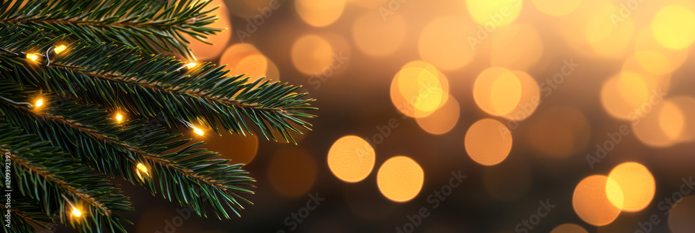 A magical winter evening with golden bokeh lights twinkling on green pine branches, enhancing the festive spirit, A magical winter evening with golden bokeh lights twinkling on green pine branches, enhancing the festive spirit,