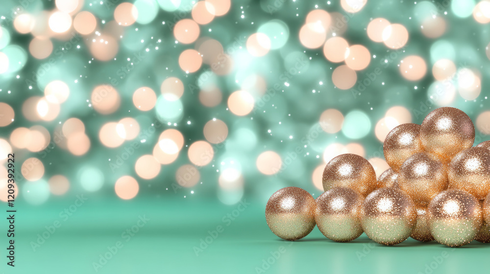 An artistic composition of golden bokeh lights blending into a green gradient background, creating a harmonious and festive mood, An artistic composition of golden bokeh lights blending into a green gradient background, creating a harmonious and festive mood,