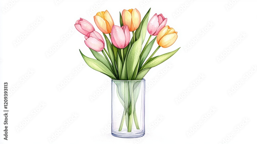 Fototapeta premium Vibrant Watercolor Painting of Pink and Yellow Tulips in a Glass Vase, Spring Floral Still Life