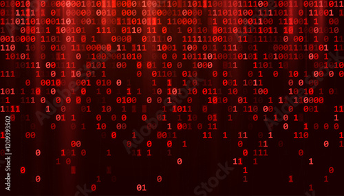 Abstract Red Binary Software Programming Code Background. Malicious Hack Malware Ransomware Concept. Data Leak Breach. Random Binary Data Matrix Wide Vector Illustration.