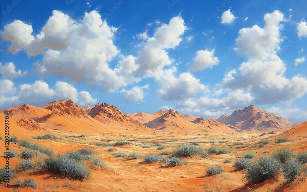 Naklejka premium Sunny desert landscape with mountains and sparse vegetation under a partly cloudy sky.