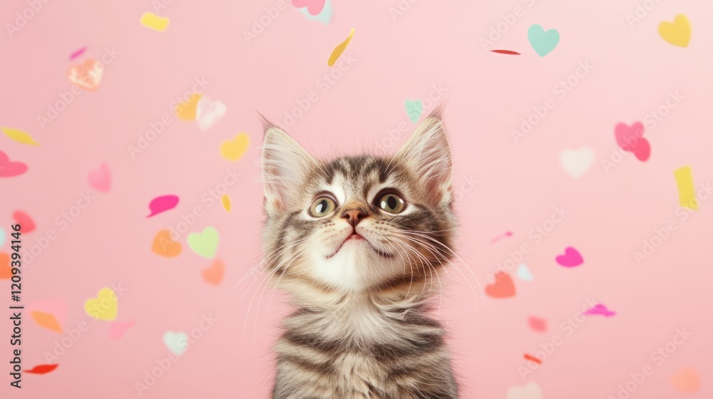 Playful kitten surrounded by colorful valentine confetti on pink background Playful kitten surrounded by colorful valentine confetti on pink background