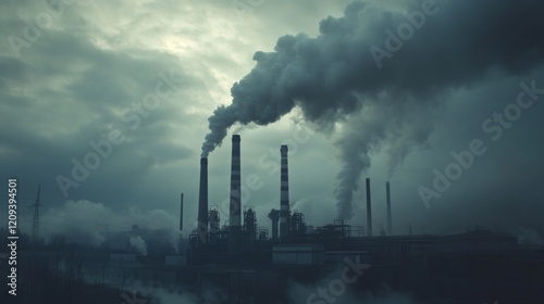 Tall chimneys release thick smoke into the cloudy sky, casting a somber mood over the industrial area. The scene captures the environmental impact of urban industry at dusk photo