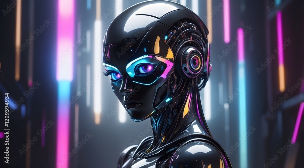 Fototapeta premium futuristic robotic girl with rainbow vr visor and metallic elegance. tech, robotics, ai, cyberpunk