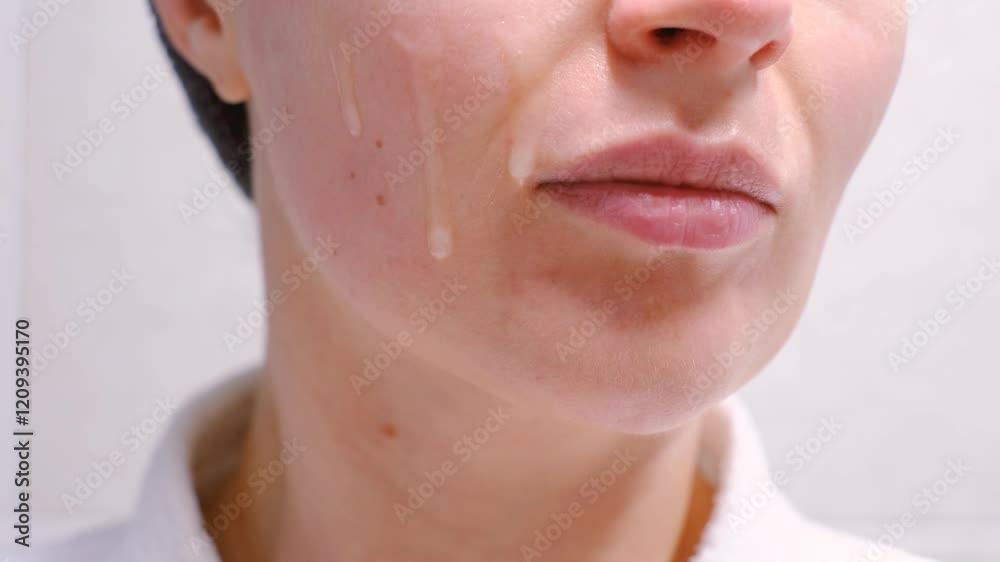 Young woman applying moisturizing serum and face close-up.