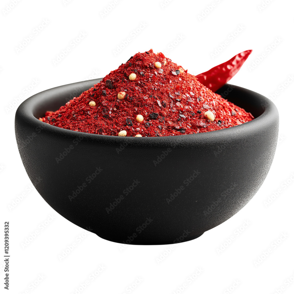 Chilli powder in a black bowl isolated on a white background Chilli powder in a black bowl isolated on a white background