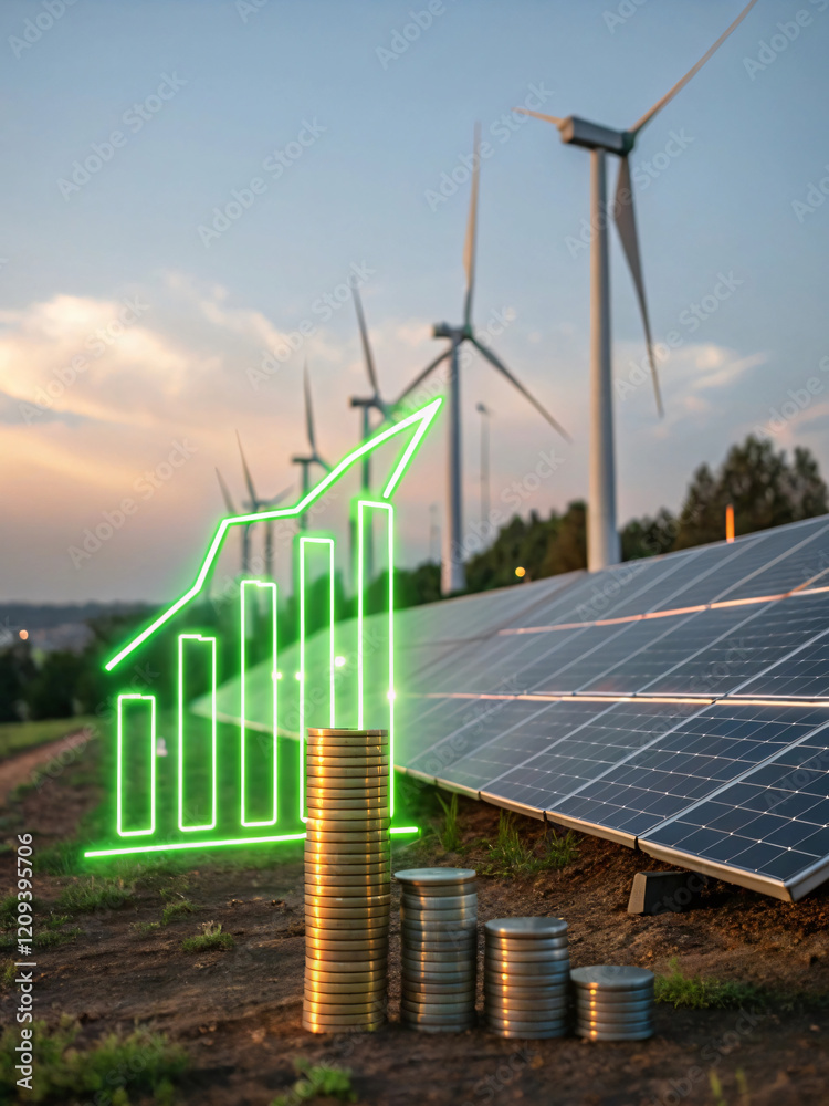 Fototapeta premium Green Energy Growth Concept with Wind Turbines and Solar Panels