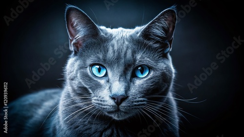 Elegant Blue Russian Cat in Dramatic Black and White Low Light Photography photo