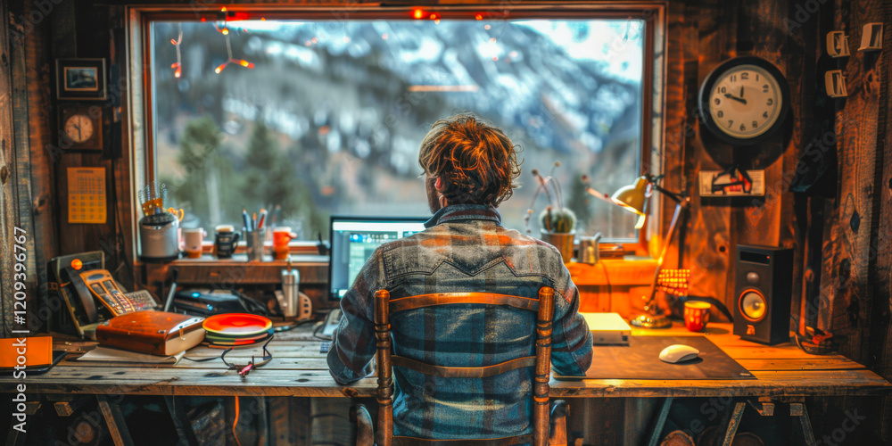 Fototapeta premium A man works from home with a view of nature outside an open window. The concept of remote work, freelancing