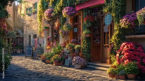 Wallpaper Mural Charming street adorned with vibrant flowers and cozy shops in a sunlit setting. Torontodigital.ca