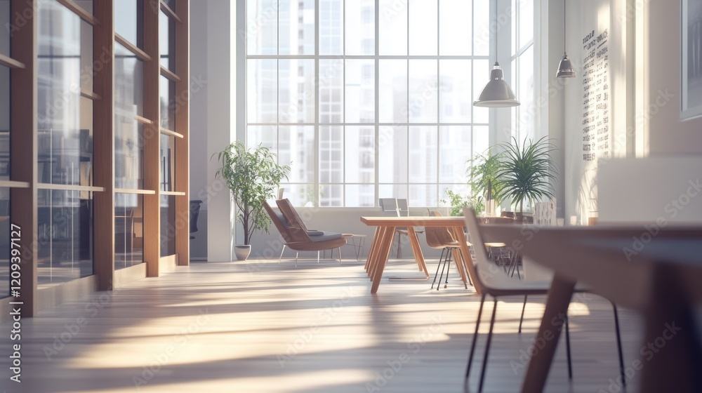 A bright and airy coworking space with wooden furniture, modern accents, and floor-to-ceiling windows that provide abundant natural light. The minimalist interior inspires creativity and teamwork. A bright and airy coworking space with wooden furniture, modern accents, and floor-to-ceiling windows that provide abundant natural light. The minimalist interior inspires creativity and teamwork.