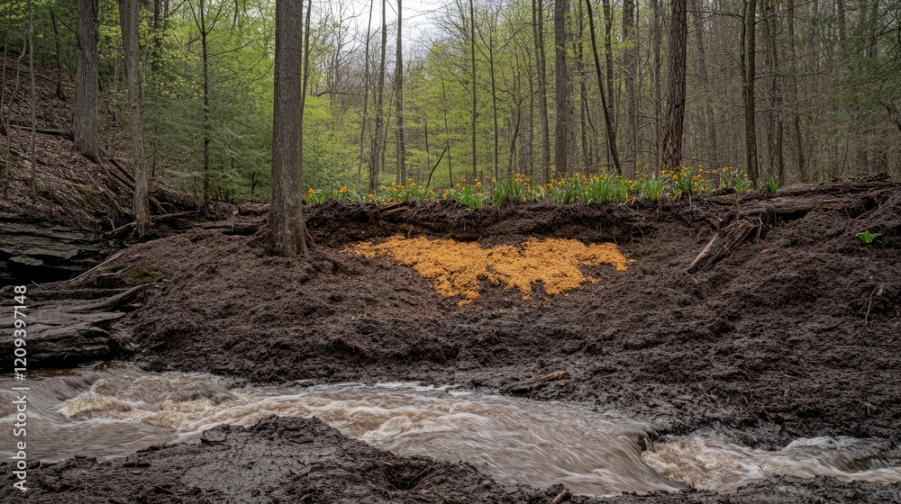 Spring woodland stream erosion, wildflowers, muddy banks. Use Environmental impact illustration