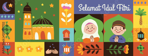 Hari Raya Idul Fitri Eid Mubarak in geometric style with cute characters-