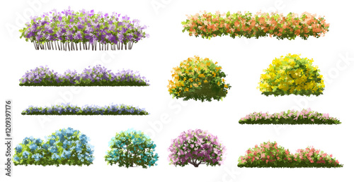  Vector watercolor blooming flower tree or forest side view isolated on white background for landscape and architecture drawing,elements for environment or and garden,green tree for garden section 