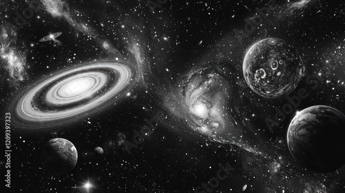 Monochromatic Cosmos: A Galactic Dance of Spiral Nebulae and Planets photo